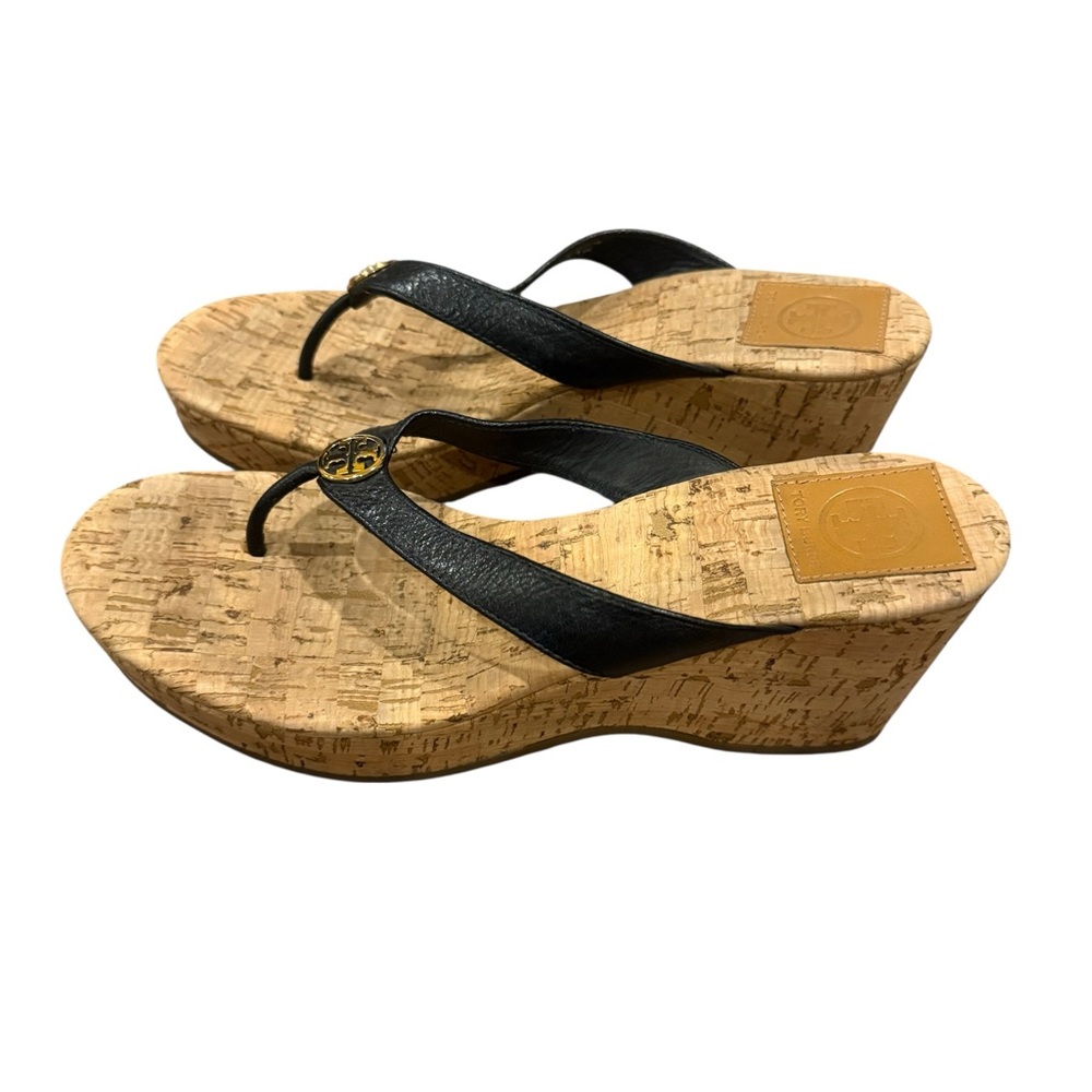 Tory Burch Black Leather Cork Flip Flop Sandals - Picture 2 of 6